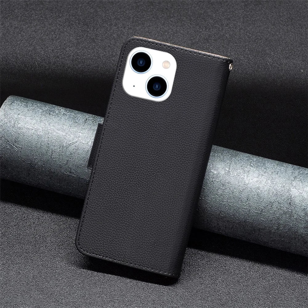 For iPhone 15 Wallet Case with Wrist Strap Litchi Texture Leather Phone Stand Cover - Black - 5
