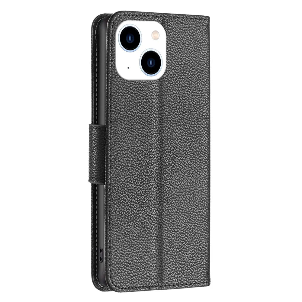 For iPhone 15 Wallet Case with Wrist Strap Litchi Texture Leather Phone Stand Cover - Black - 7