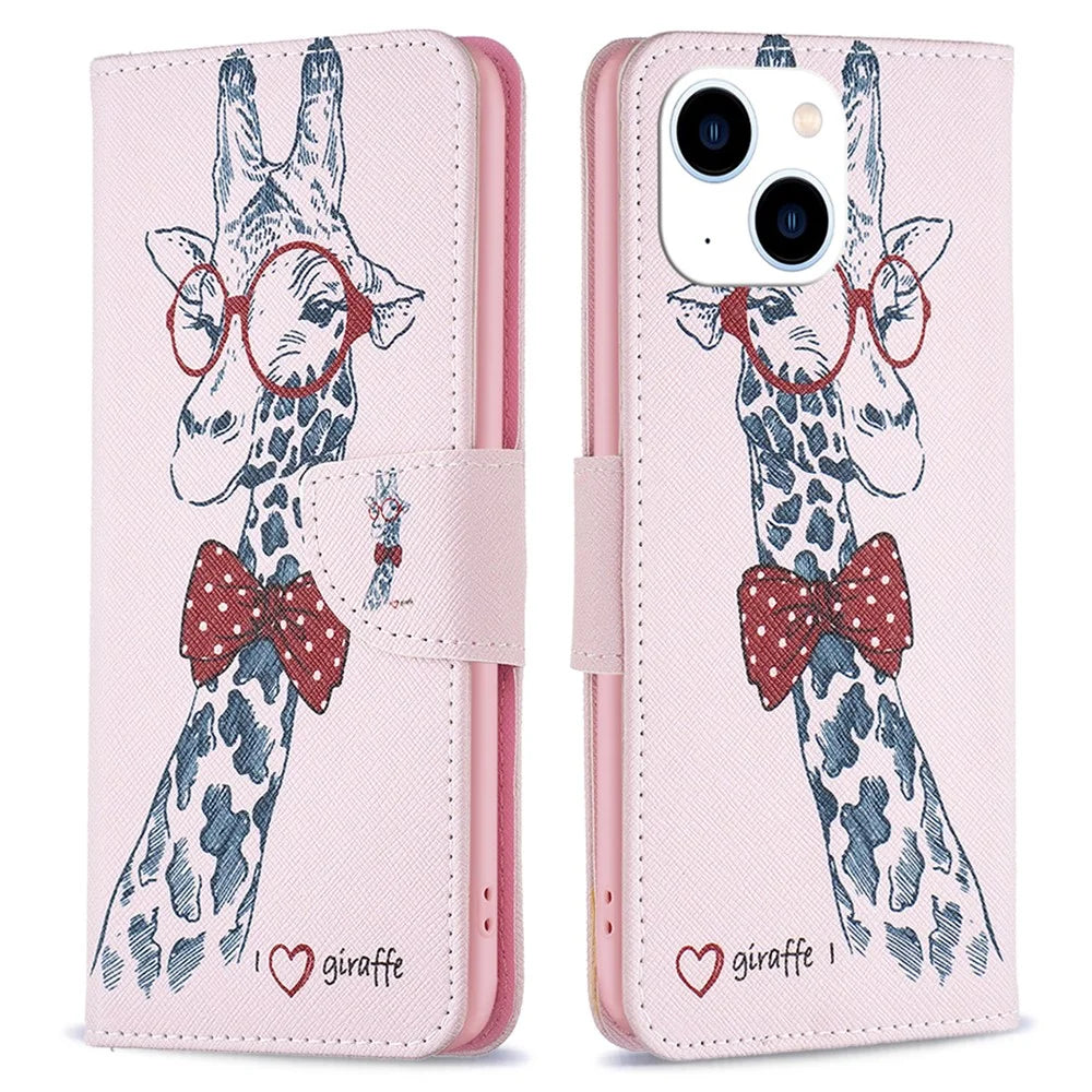 Stand Wallet Phone Case for iPhone 15 , Pattern Printing PU Leather + TPU Phone Cover - Giraffe - 1