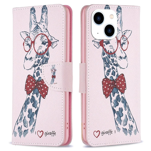 Stand Wallet Phone Case for iPhone 15 , Pattern Printing PU Leather + TPU Phone Cover - Giraffe - 1