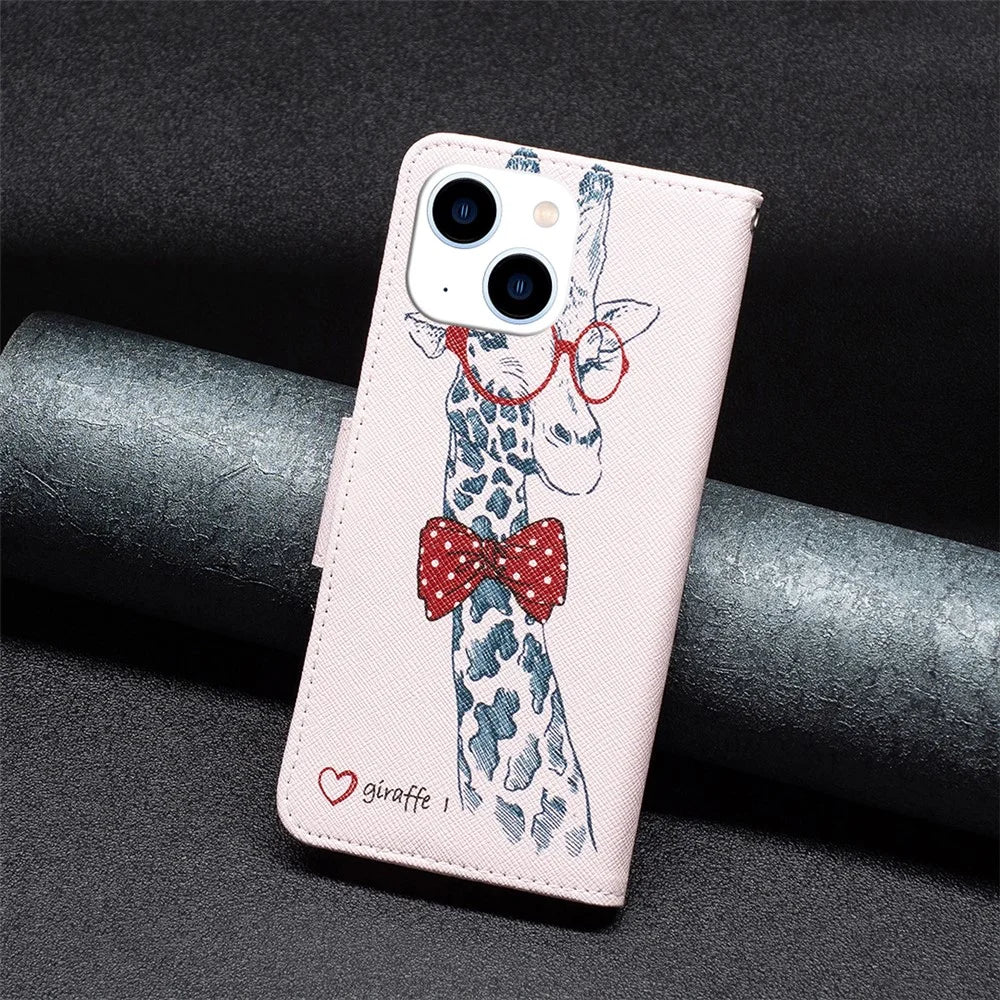Stand Wallet Phone Case for iPhone 15 , Pattern Printing PU Leather + TPU Phone Cover - Giraffe - 5