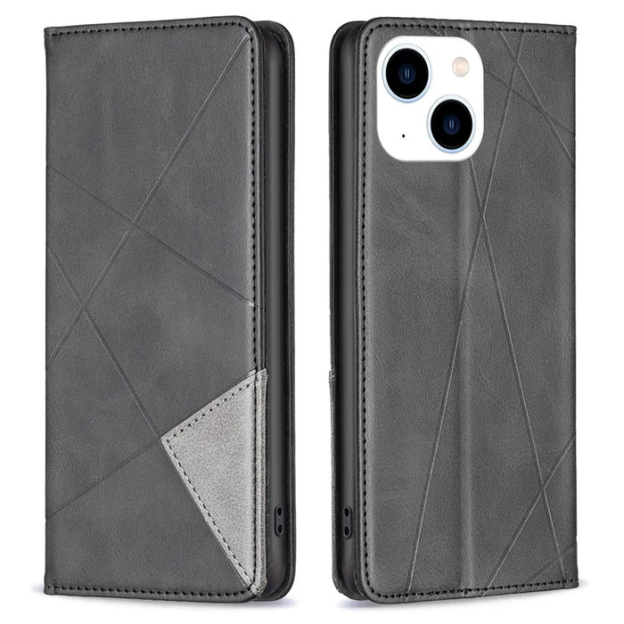For iPhone 15 Card Holder Shell Imprinted Line Cell Phone Case Stand Leather Phone Cover - Black - 1