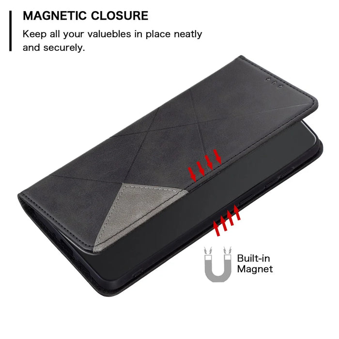 For iPhone 15 Card Holder Shell Imprinted Line Cell Phone Case Stand Leather Phone Cover - Black - 4
