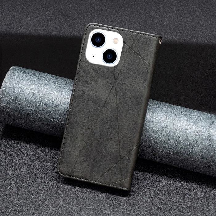 For iPhone 15 Card Holder Shell Imprinted Line Cell Phone Case Stand Leather Phone Cover - Black - 5