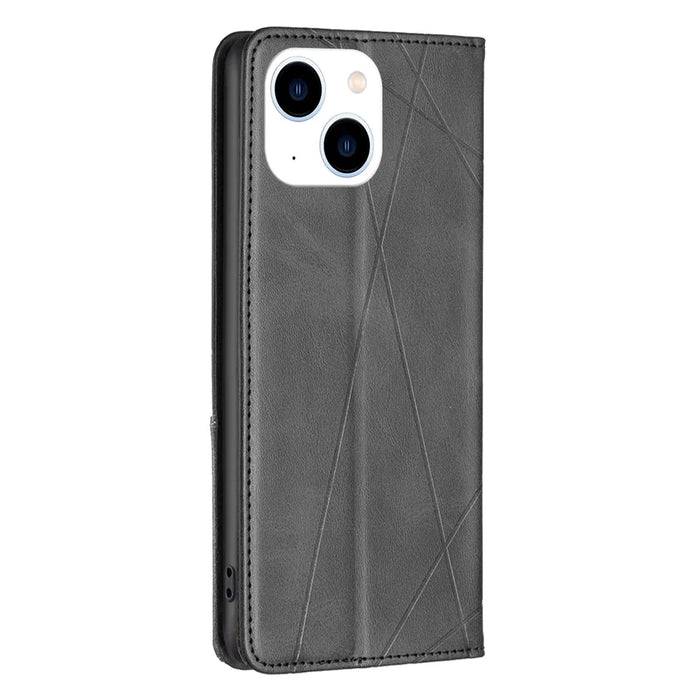 For iPhone 15 Card Holder Shell Imprinted Line Cell Phone Case Stand Leather Phone Cover - Black - 7