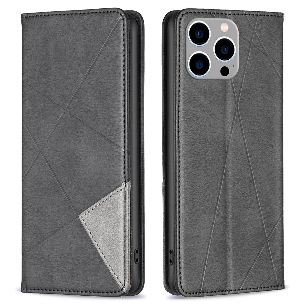 For iPhone 15 Pro Max Stand Leather Phone Cover Card Holder Shell Imprinted Line Cell Phone Case - Black - 1
