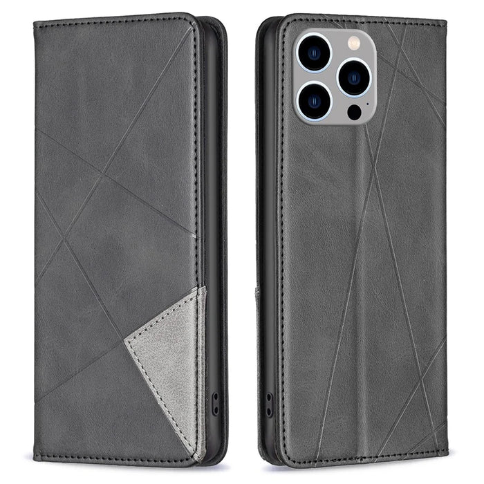 For iPhone 15 Pro Max Stand Leather Phone Cover Card Holder Shell Imprinted Line Cell Phone Case - Black - 1