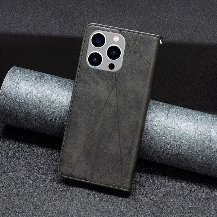 For iPhone 15 Pro Max Stand Leather Phone Cover Card Holder Shell Imprinted Line Cell Phone Case - Black - 5