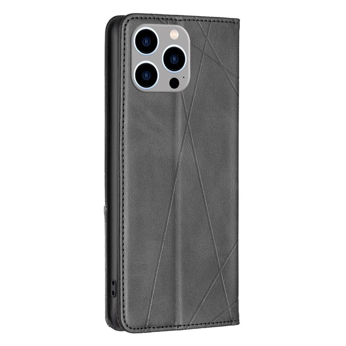 For iPhone 15 Pro Max Stand Leather Phone Cover Card Holder Shell Imprinted Line Cell Phone Case - Black - 7
