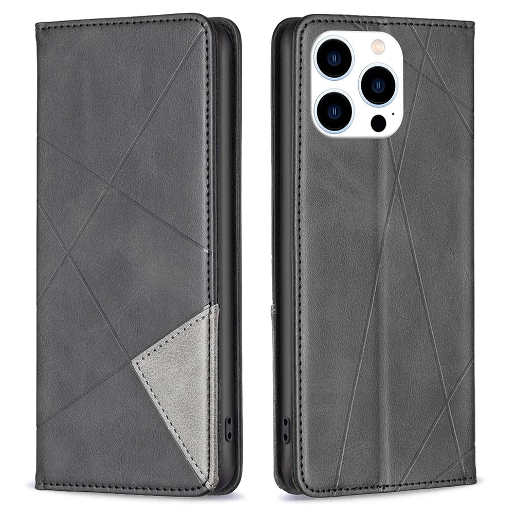 For iPhone 15 Pro Imprinted Line Cell Phone Case Stand Card Holder Shell Leather Phone Cover - Black - 1
