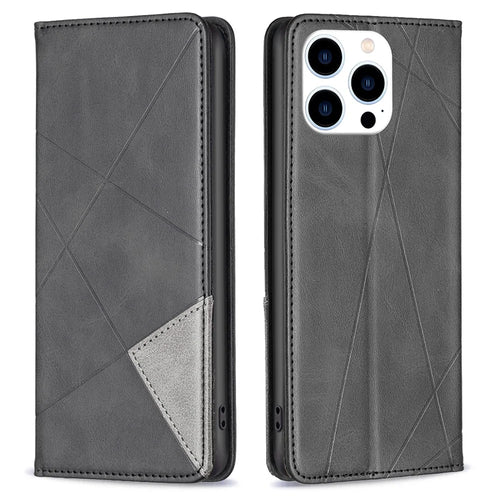For iPhone 15 Pro Imprinted Line Cell Phone Case Stand Card Holder Shell Leather Phone Cover - Black - 1