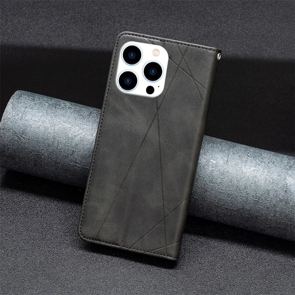 For iPhone 15 Pro Imprinted Line Cell Phone Case Stand Card Holder Shell Leather Phone Cover - Black - 5