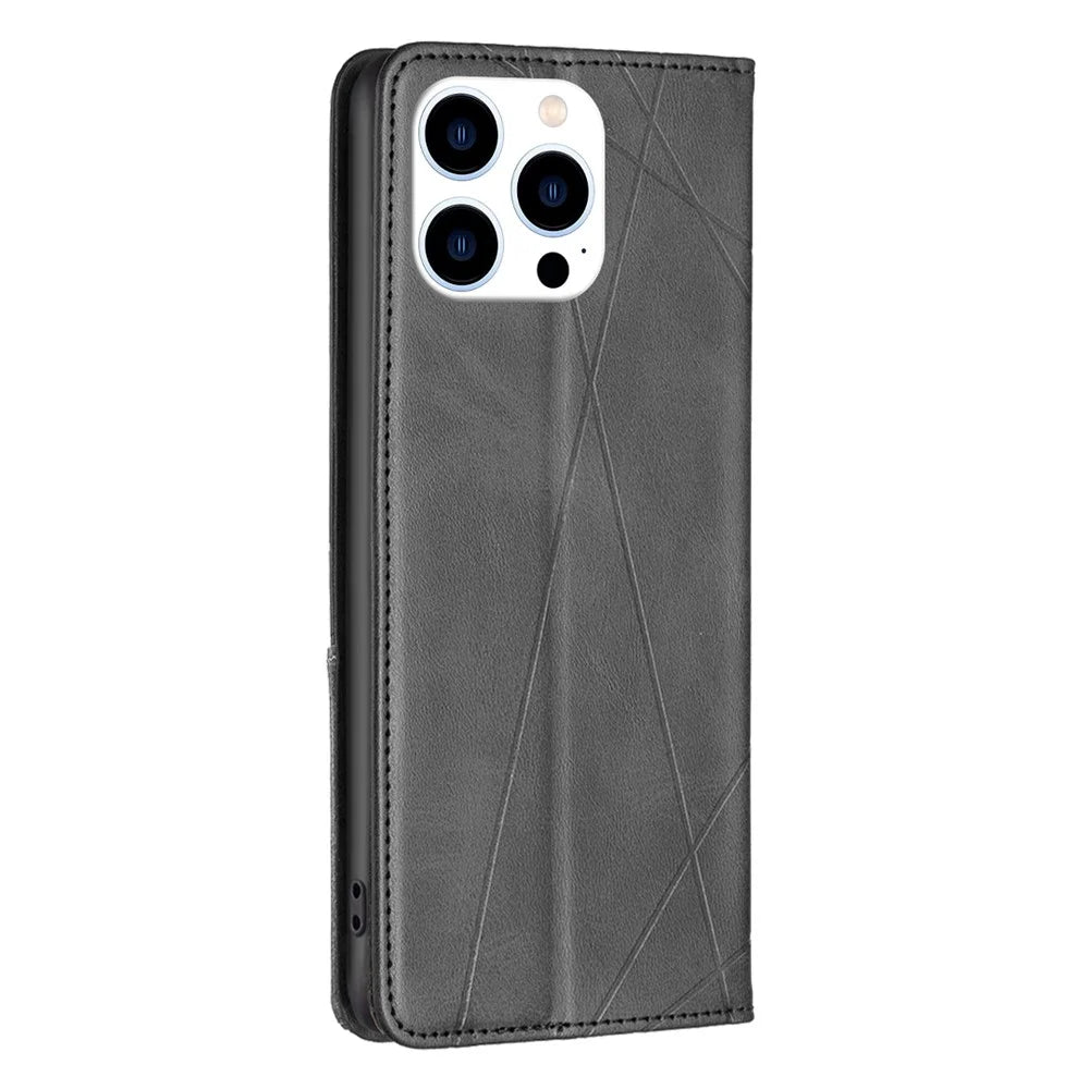 For iPhone 15 Pro Imprinted Line Cell Phone Case Stand Card Holder Shell Leather Phone Cover - Black - 7