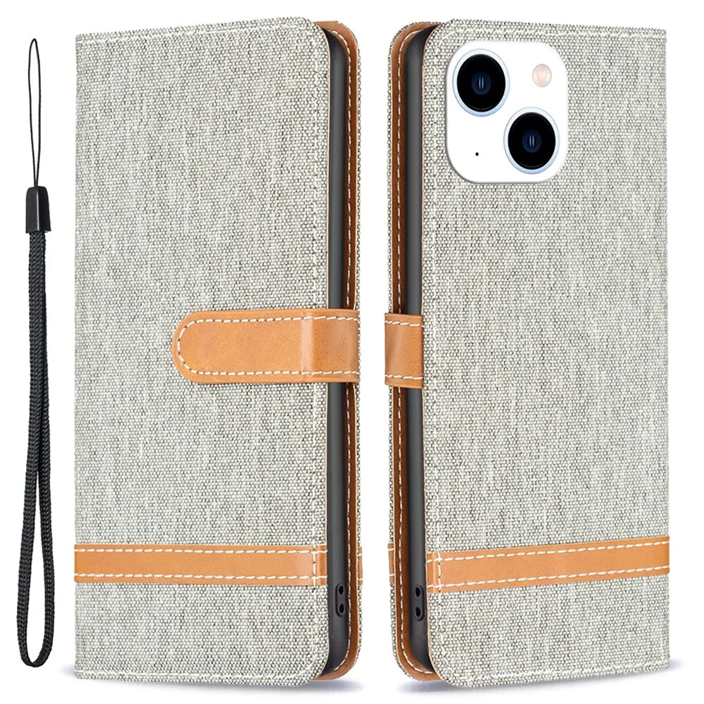 For iPhone 15 Jeans Cloth Splicing PU Leather + TPU Phone Case Wallet Stand Anti-scratch Cover - Grey - 1