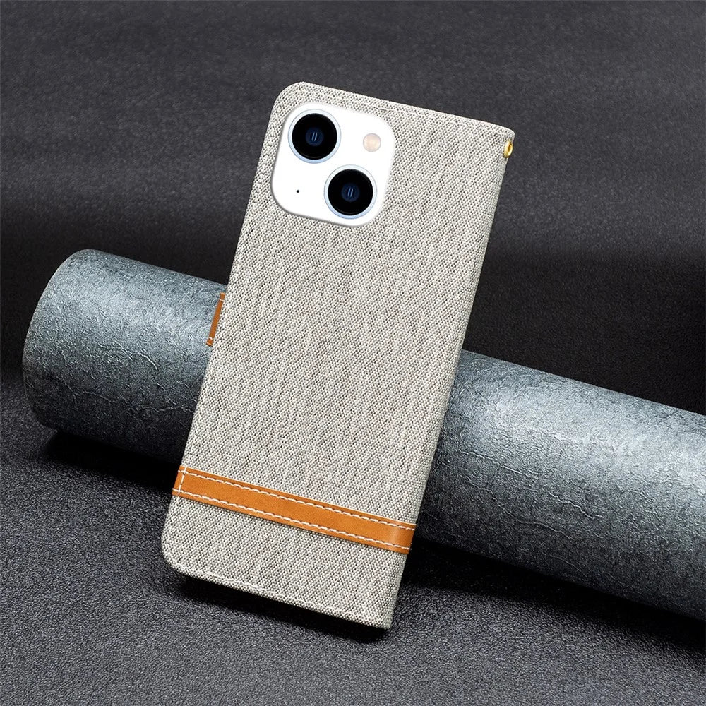 For iPhone 15 Jeans Cloth Splicing PU Leather + TPU Phone Case Wallet Stand Anti-scratch Cover - Grey - 5