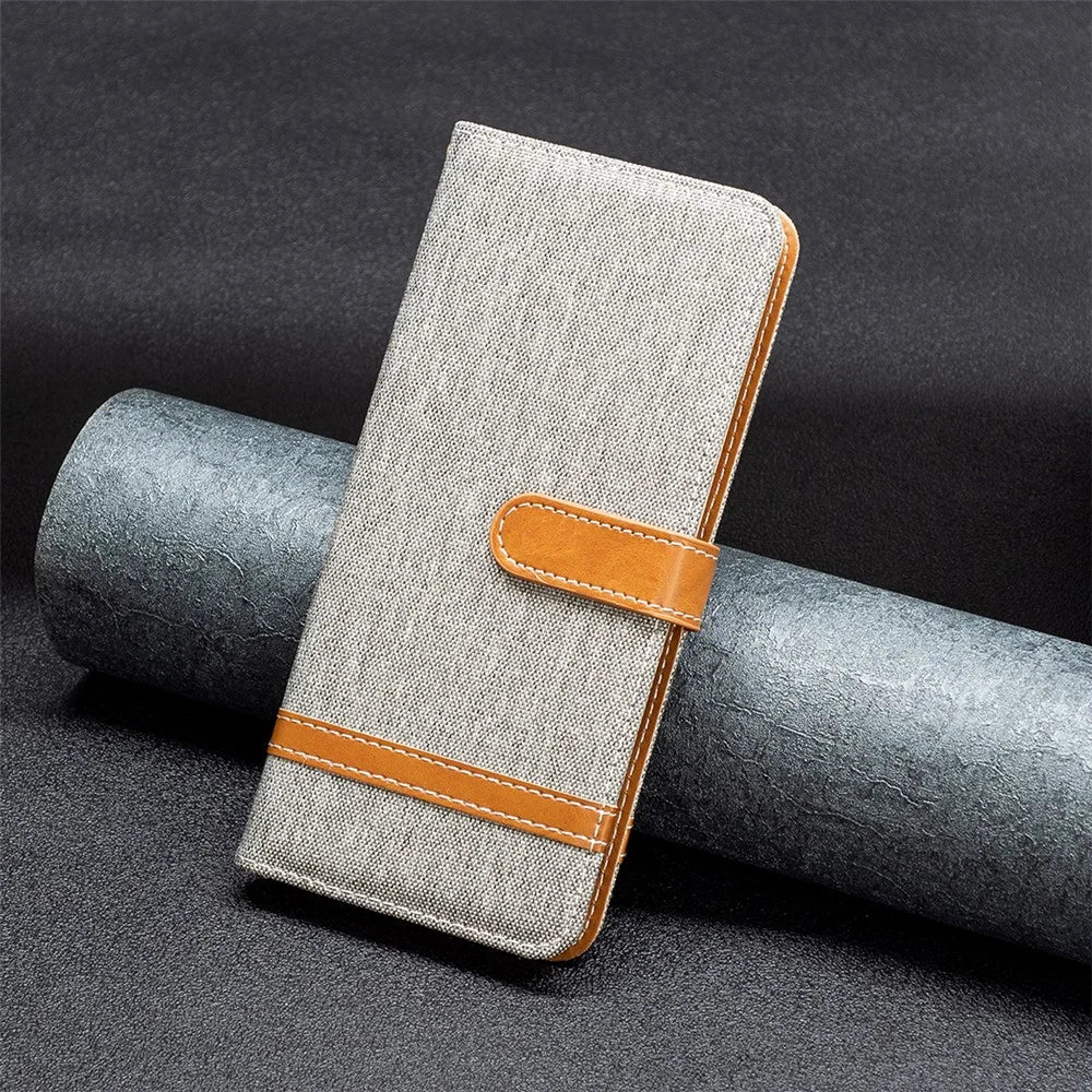 For iPhone 15 Jeans Cloth Splicing PU Leather + TPU Phone Case Wallet Stand Anti-scratch Cover - Grey - 6