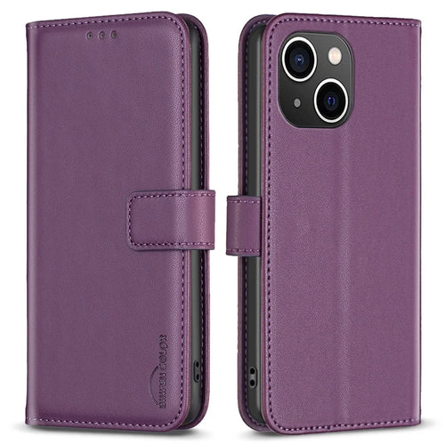 BINFEN COLOR BF17 For iPhone 15 Plus TPU+PU Leather Phone Cover Stand Design Wallet Case - Dark Purple - 1