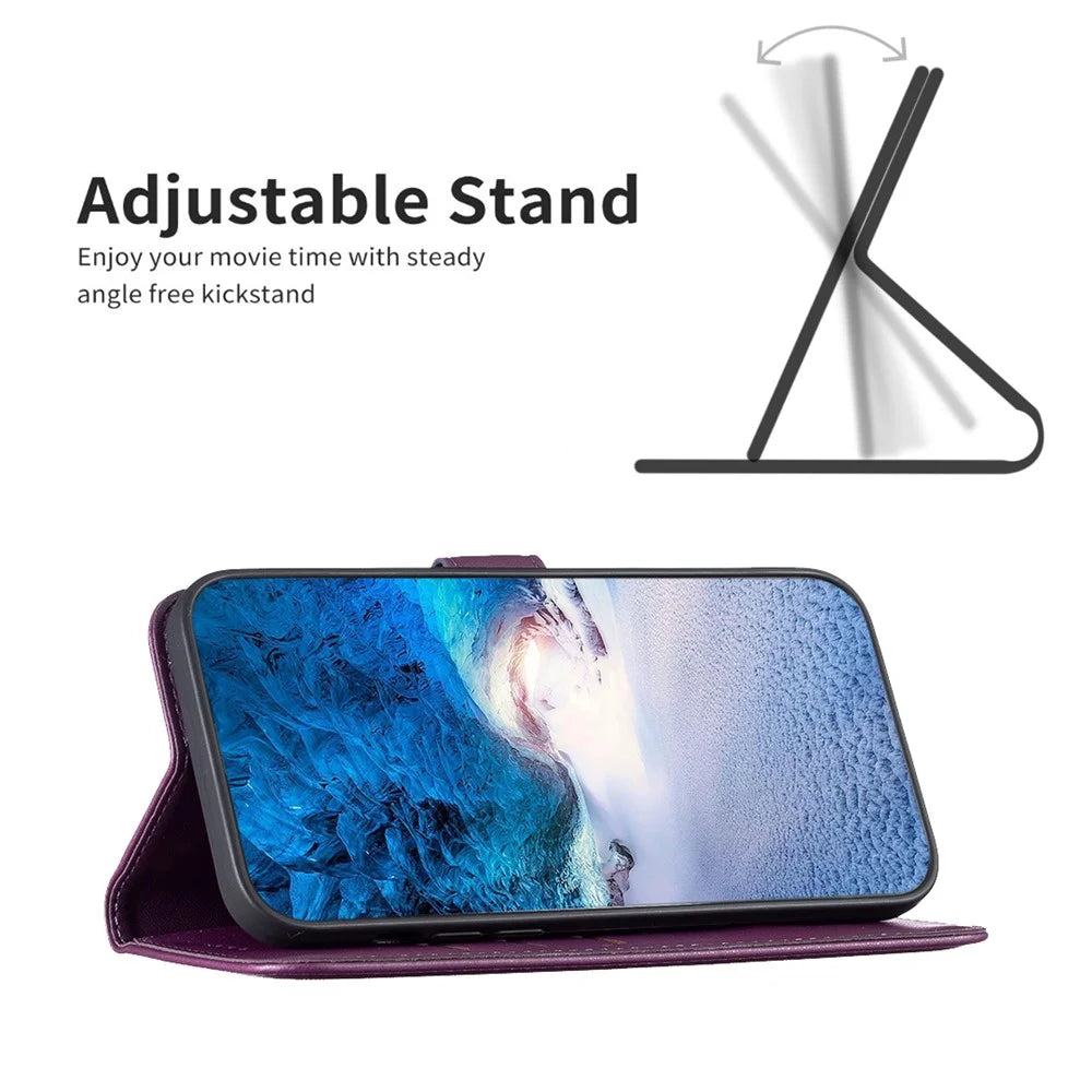 BINFEN COLOR BF17 For iPhone 15 Plus TPU+PU Leather Phone Cover Stand Design Wallet Case - Dark Purple - 3