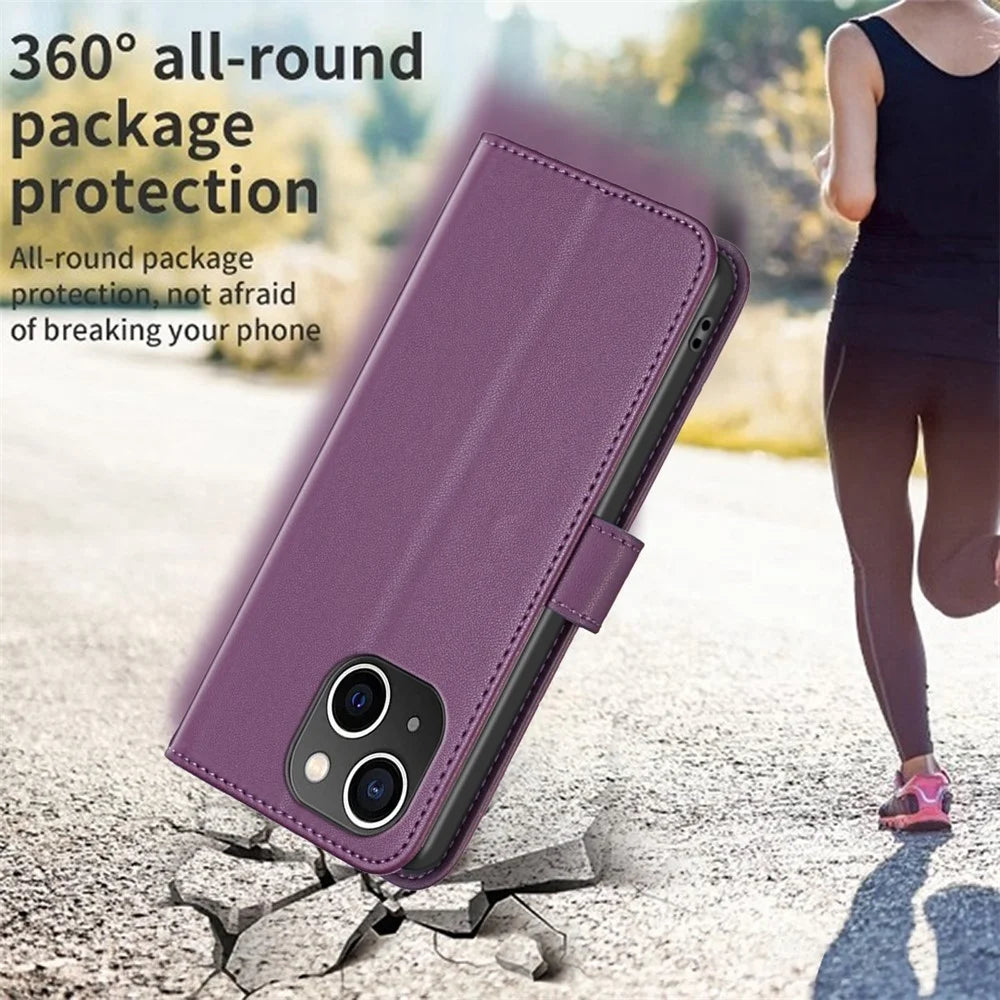 BINFEN COLOR BF17 For iPhone 15 Plus TPU+PU Leather Phone Cover Stand Design Wallet Case - Dark Purple - 5