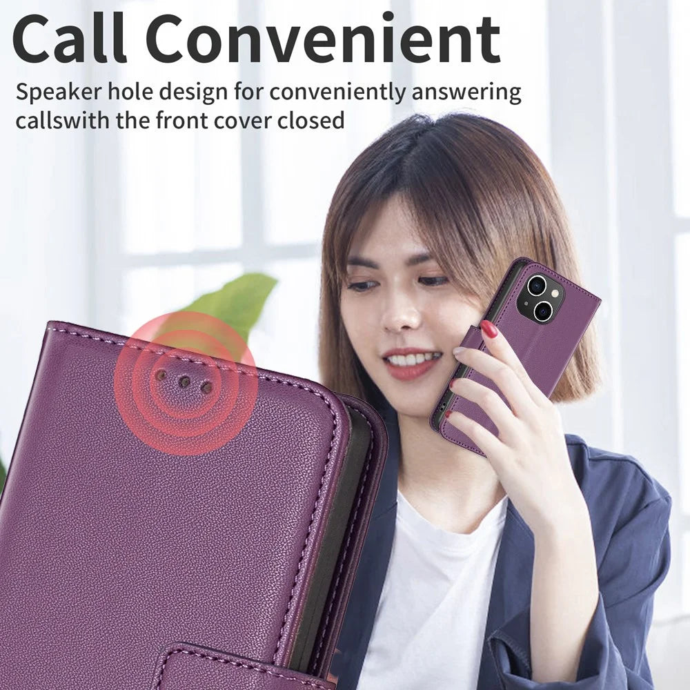 BINFEN COLOR BF17 For iPhone 15 Plus TPU+PU Leather Phone Cover Stand Design Wallet Case - Dark Purple - 6
