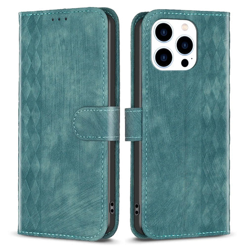 For iPhone 15 Pro Mobile Phone Stand Case Wallet Imprinted Rhombus PU Leather Anti-Drop Phone Cover - Green - 1