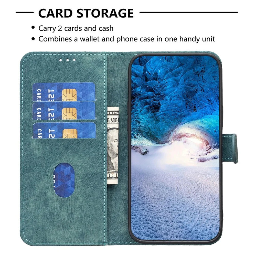 For iPhone 15 Pro Mobile Phone Stand Case Wallet Imprinted Rhombus PU Leather Anti-Drop Phone Cover - Green - 2