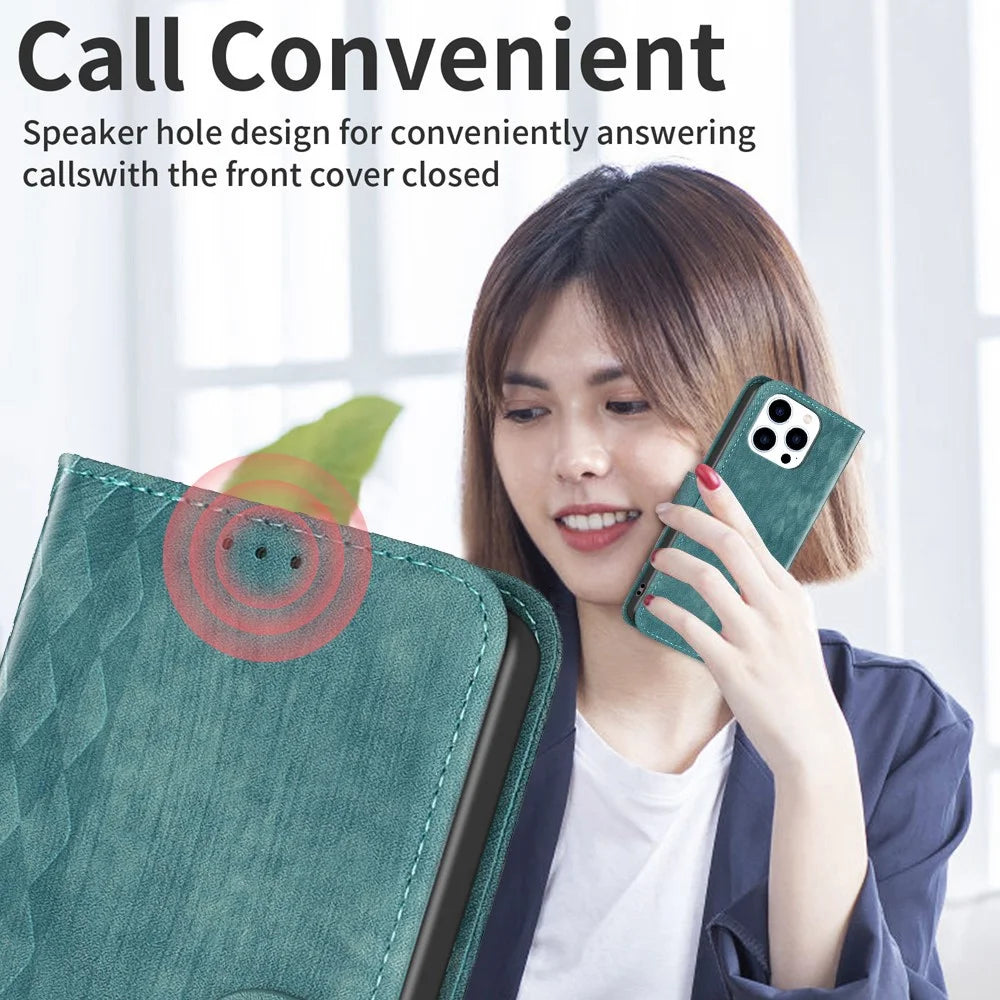 For iPhone 15 Pro Mobile Phone Stand Case Wallet Imprinted Rhombus PU Leather Anti-Drop Phone Cover - Green - 6