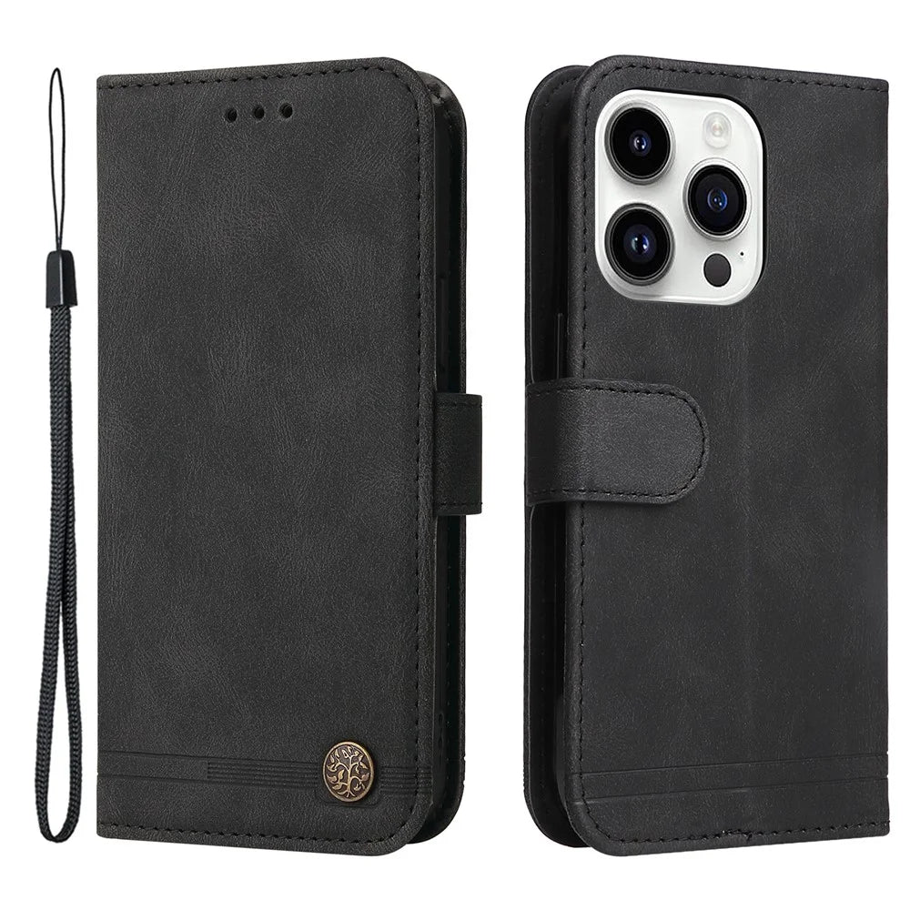 For iPhone 15 Pro Max Leather Wallet Cases Skin Touch Phone Cover Stand with Strap - Black - 1