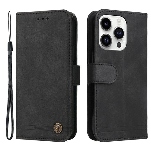 For iPhone 15 Pro Max Leather Wallet Cases Skin Touch Phone Cover Stand with Strap - Black - 1