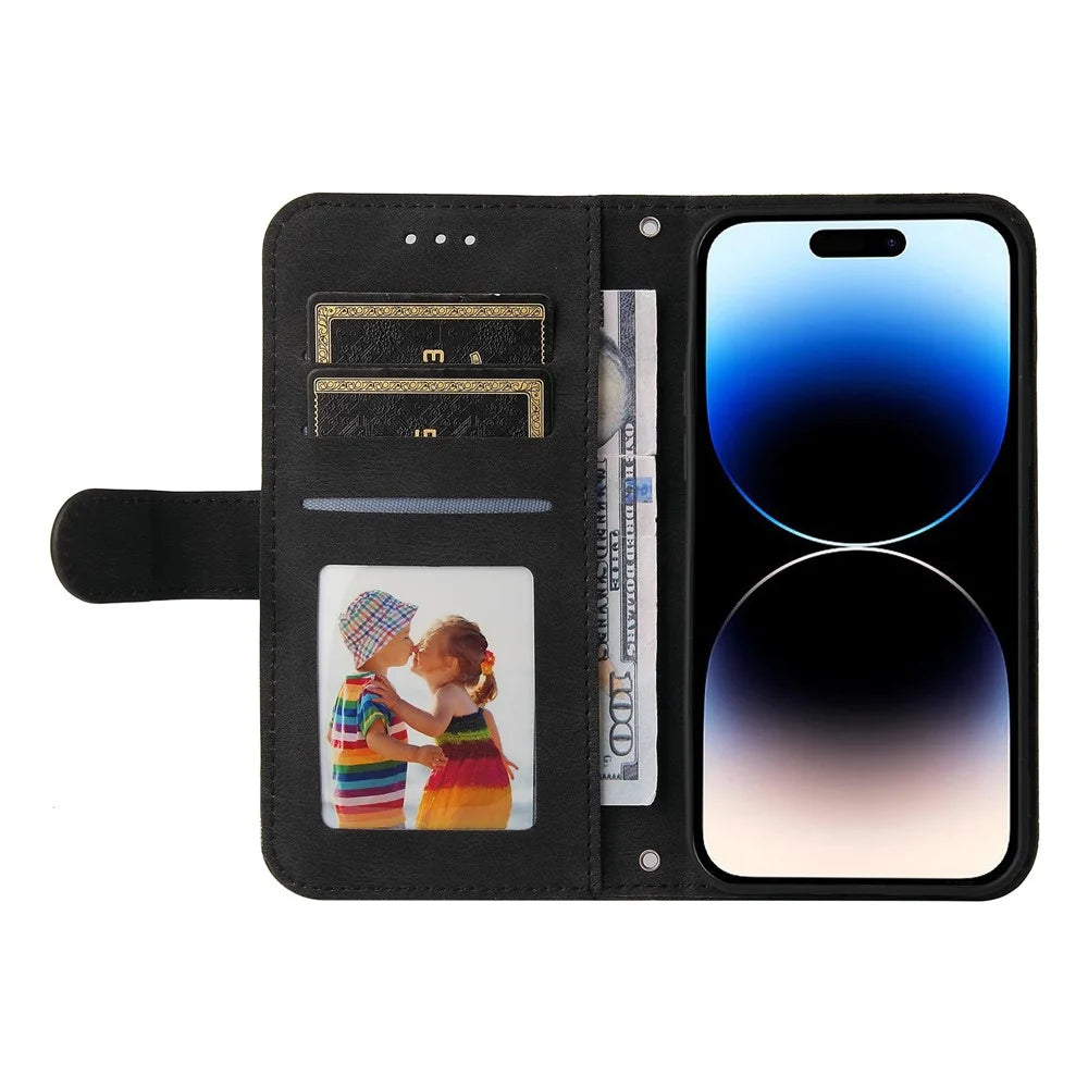 For iPhone 15 Pro Max Leather Wallet Cases Skin Touch Phone Cover Stand with Strap - Black - 2