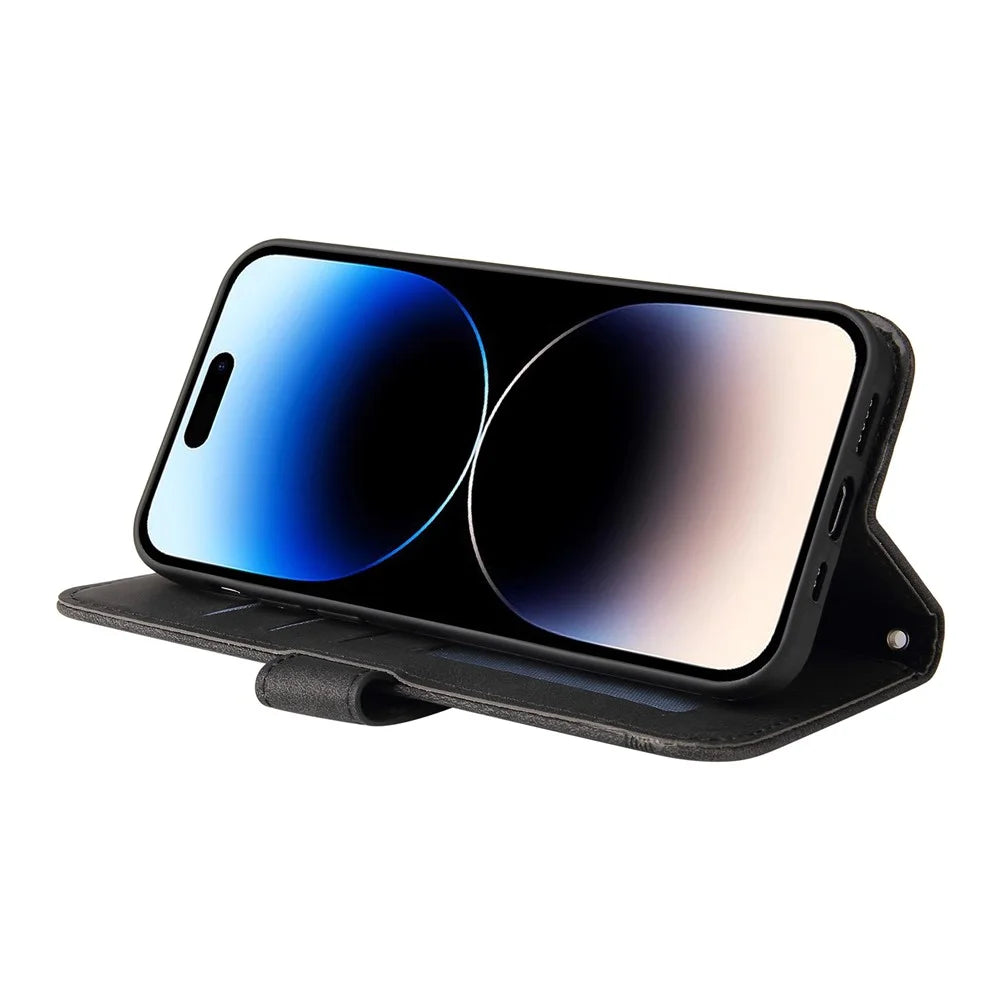For iPhone 15 Pro Max Leather Wallet Cases Skin Touch Phone Cover Stand with Strap - Black - 3