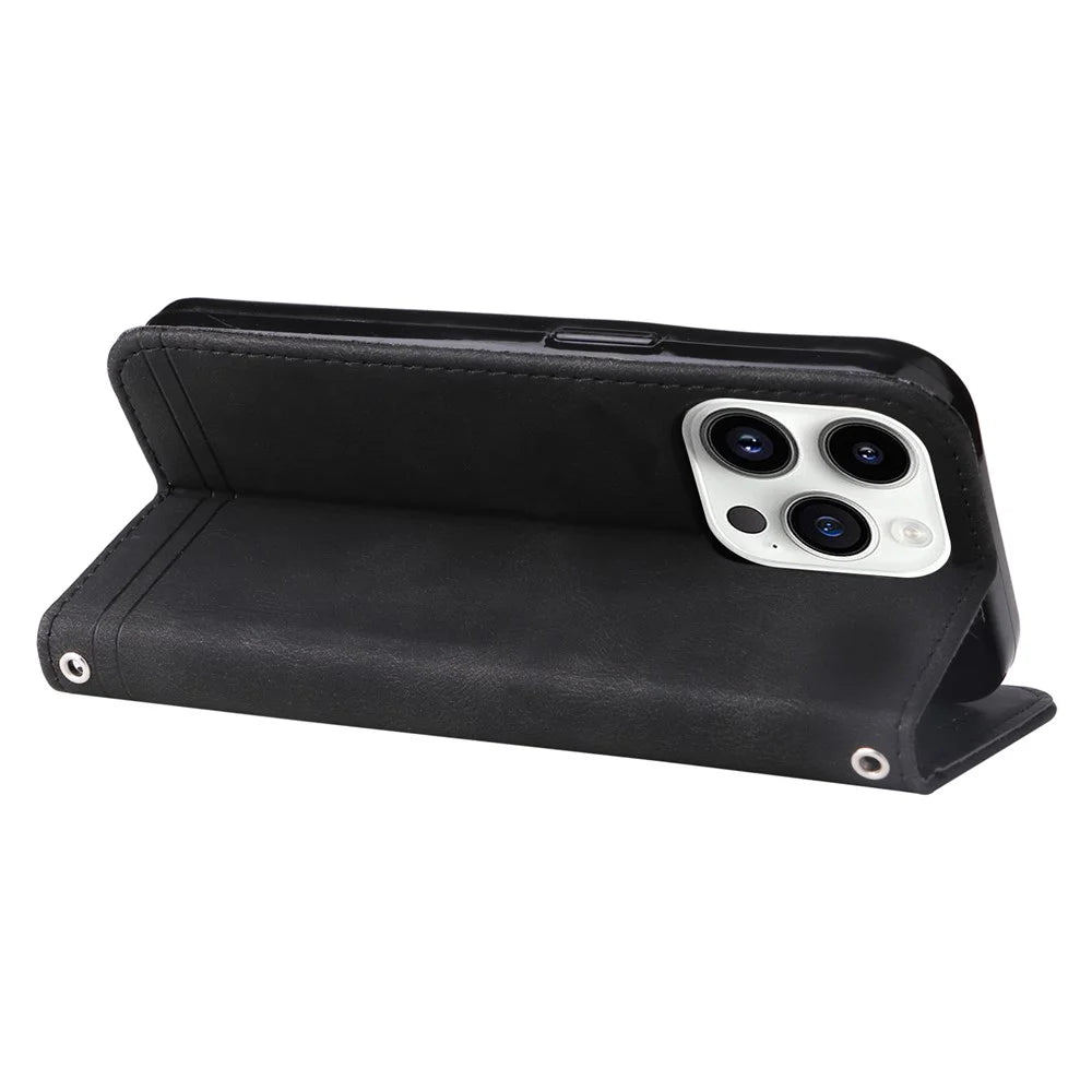For iPhone 15 Pro Max Leather Wallet Cases Skin Touch Phone Cover Stand with Strap - Black - 4
