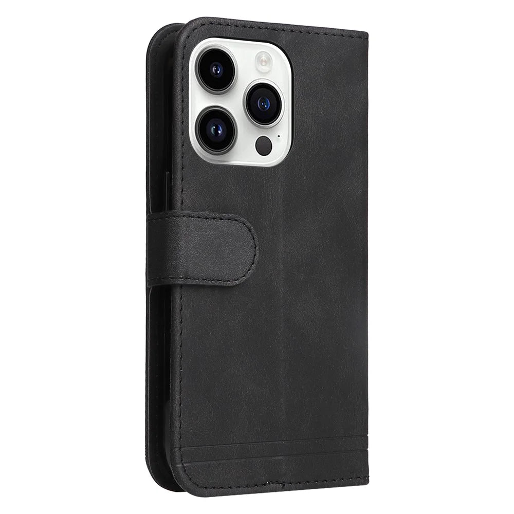 For iPhone 15 Pro Max Leather Wallet Cases Skin Touch Phone Cover Stand with Strap - Black - 7