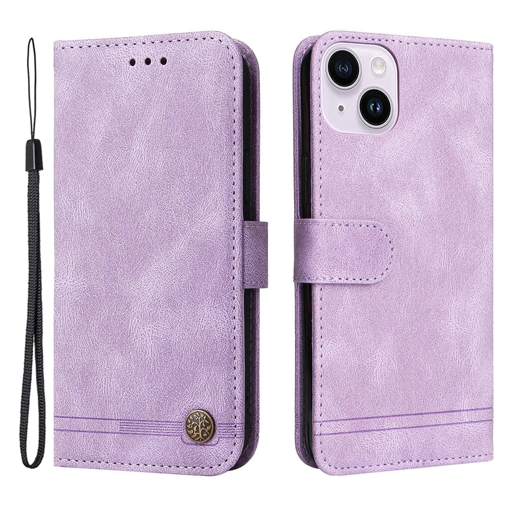 For iPhone 15 Plus Leather Wallet Cases Skin Touch Phone Cover Stand with Strap - Purple - 1