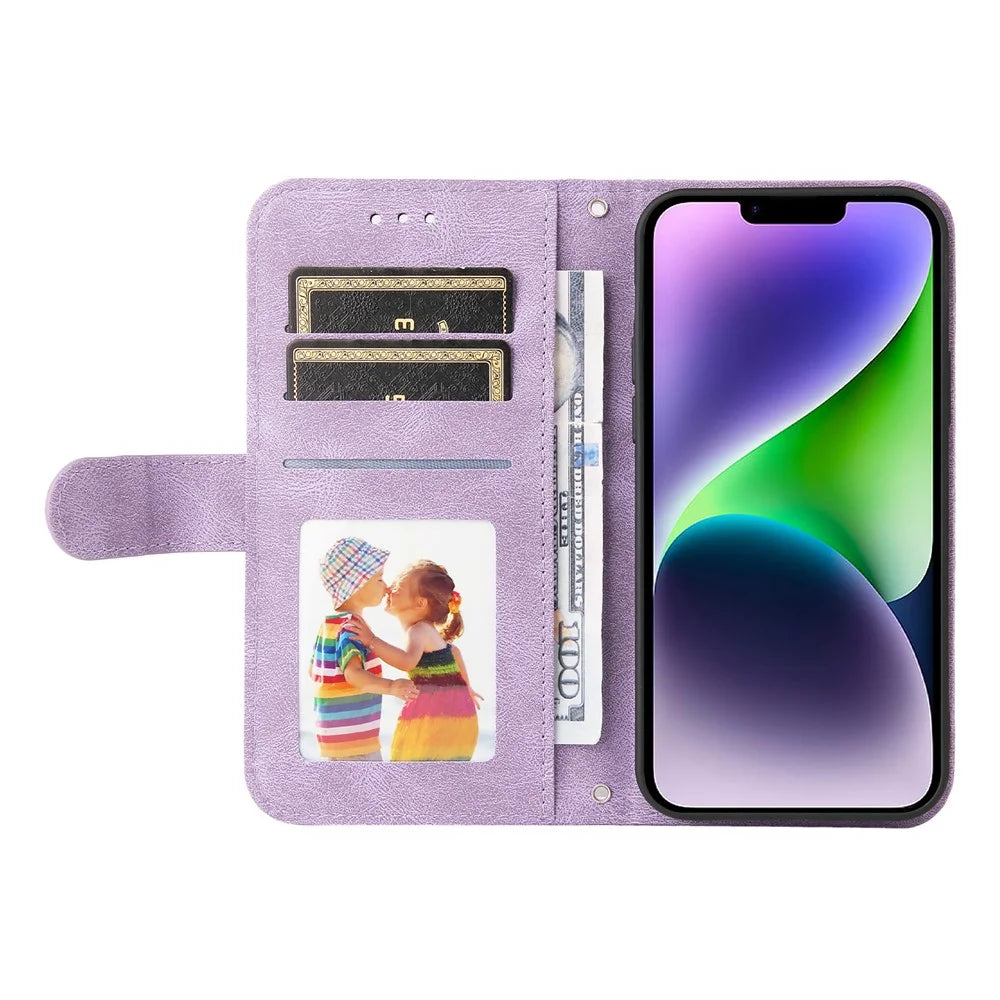 For iPhone 15 Plus Leather Wallet Cases Skin Touch Phone Cover Stand with Strap - Purple - 2
