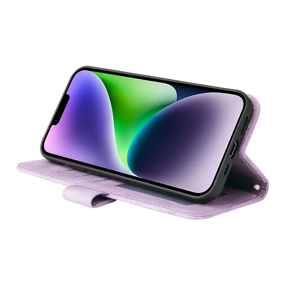 For iPhone 15 Plus Leather Wallet Cases Skin Touch Phone Cover Stand with Strap - Purple - 3