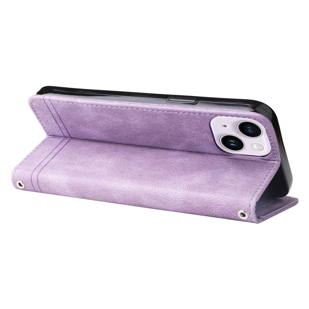 For iPhone 15 Plus Leather Wallet Cases Skin Touch Phone Cover Stand with Strap - Purple - 4