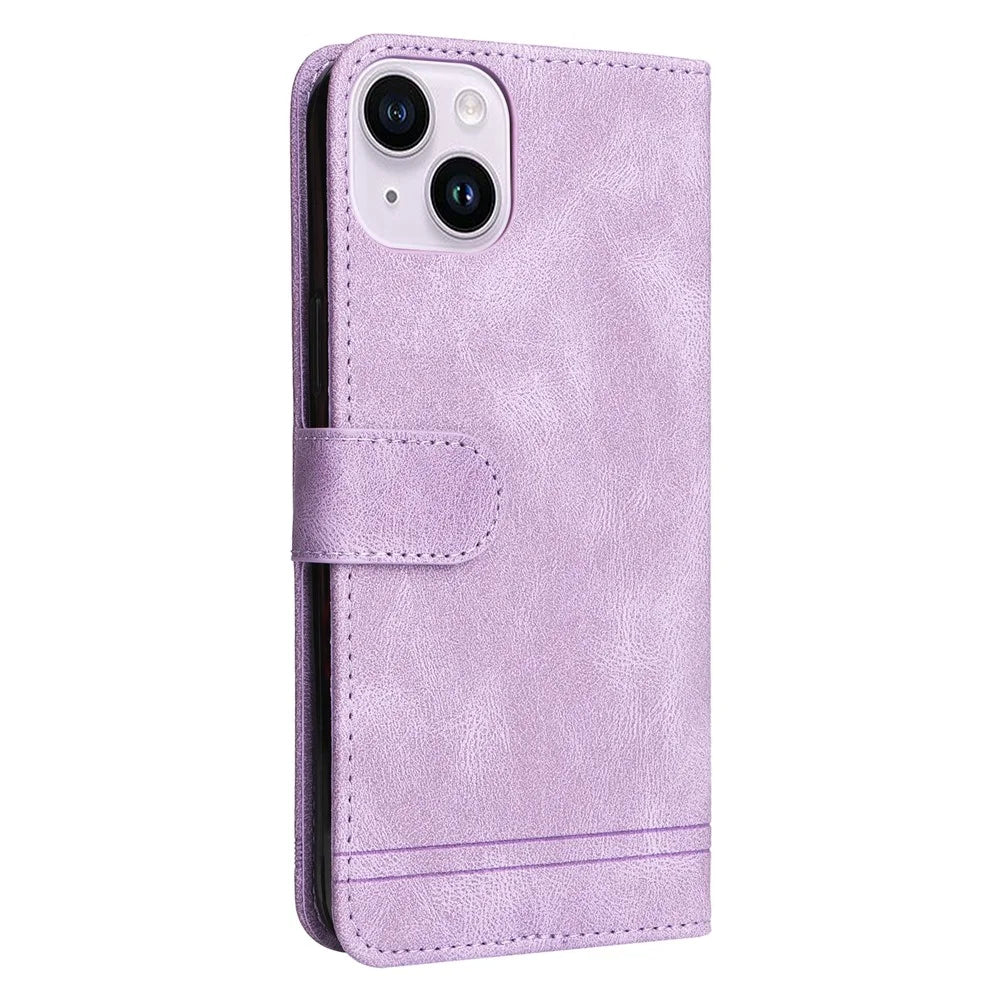 For iPhone 15 Plus Leather Wallet Cases Skin Touch Phone Cover Stand with Strap - Purple - 7