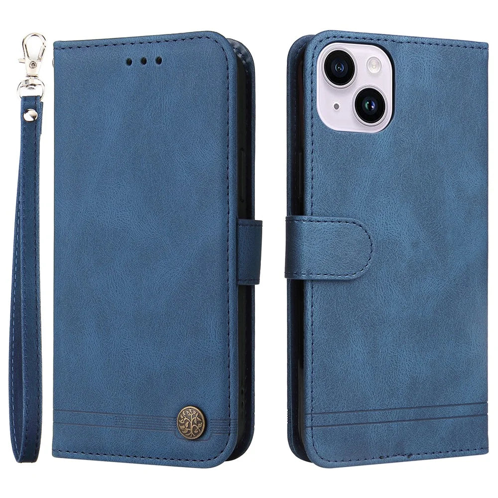For iPhone 15 Leather Wallet Cases Skin Touch Phone Cover Stand with Strap - Blue - 1