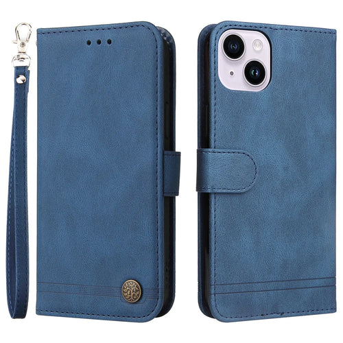 For iPhone 15 Leather Wallet Cases Skin Touch Phone Cover Stand with Strap - Blue - 1