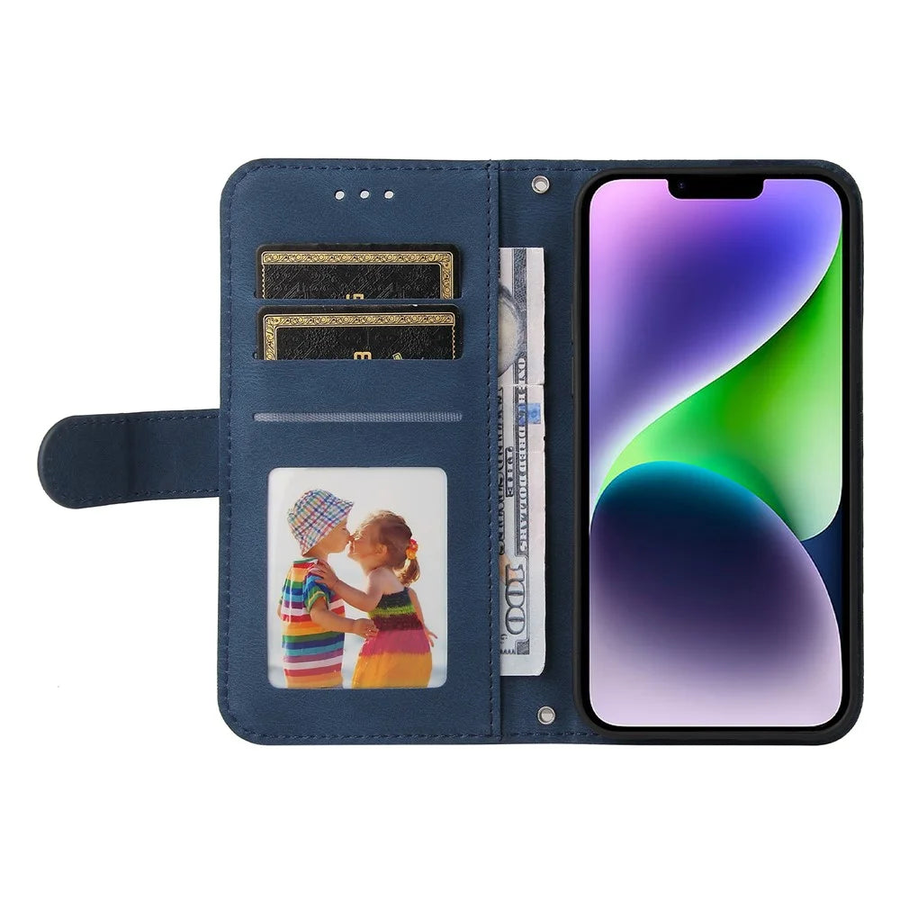 For iPhone 15 Leather Wallet Cases Skin Touch Phone Cover Stand with Strap - Blue - 2