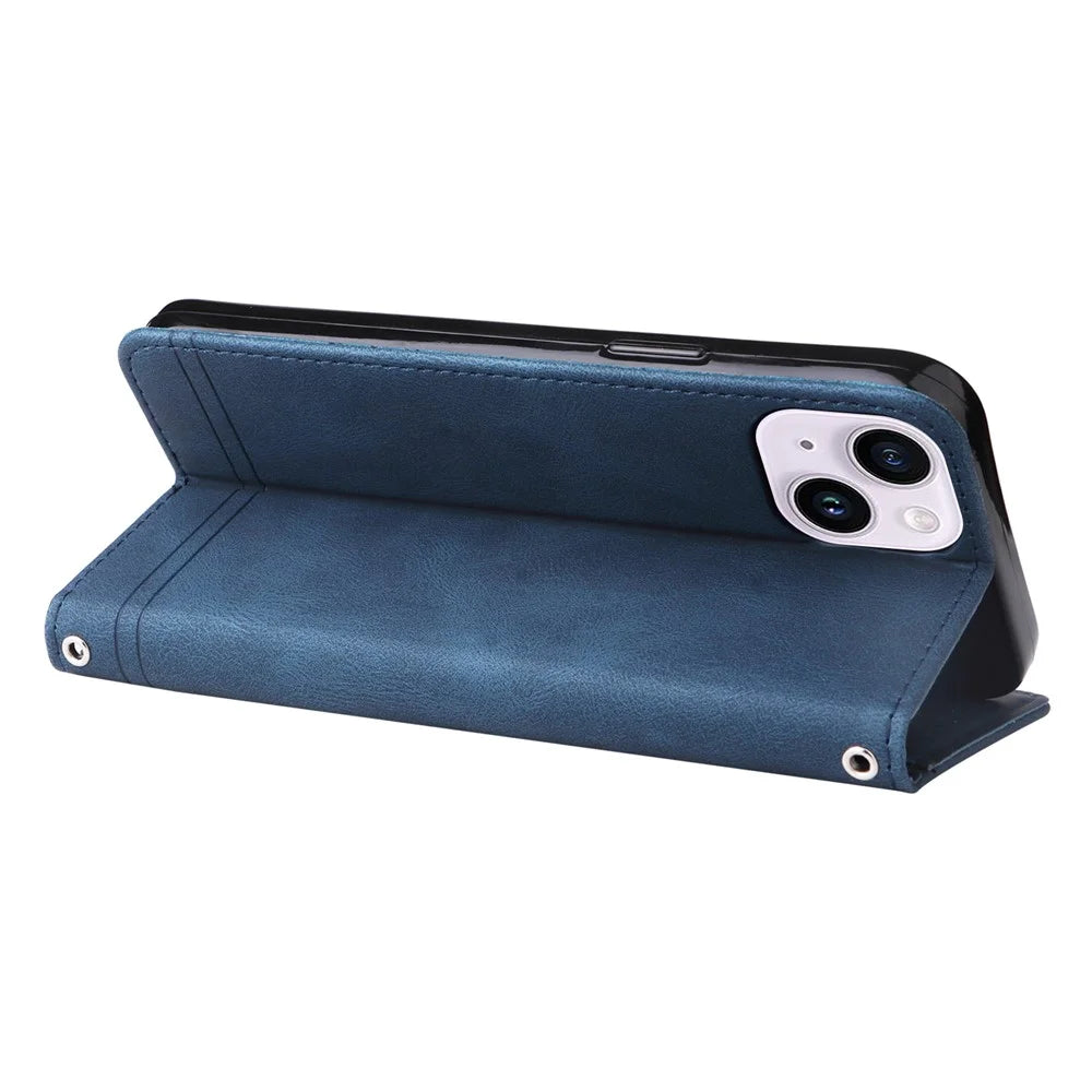 For iPhone 15 Leather Wallet Cases Skin Touch Phone Cover Stand with Strap - Blue - 4