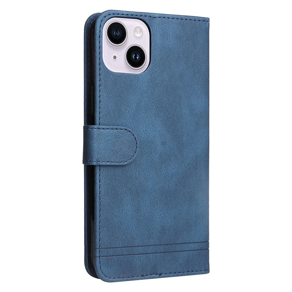 For iPhone 15 Leather Wallet Cases Skin Touch Phone Cover Stand with Strap - Blue - 7
