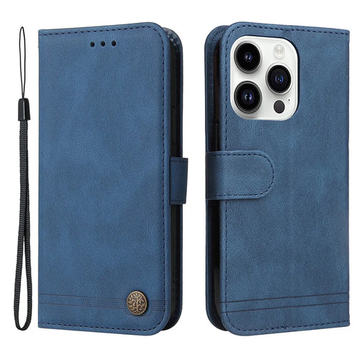For iPhone 15 Pro Leather Wallet Cases Skin Touch Phone Cover Stand with Strap - Blue - 1