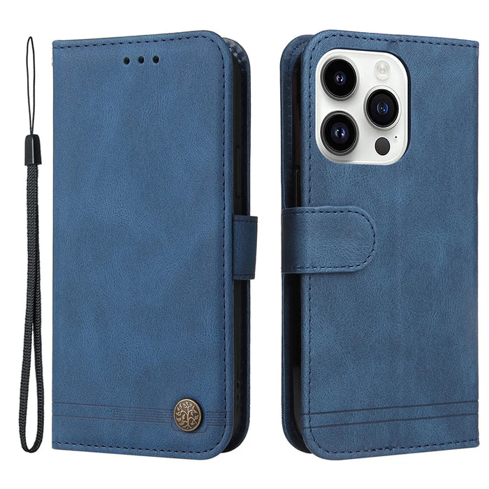 For iPhone 15 Pro Leather Wallet Cases Skin Touch Phone Cover Stand with Strap - Blue - 1