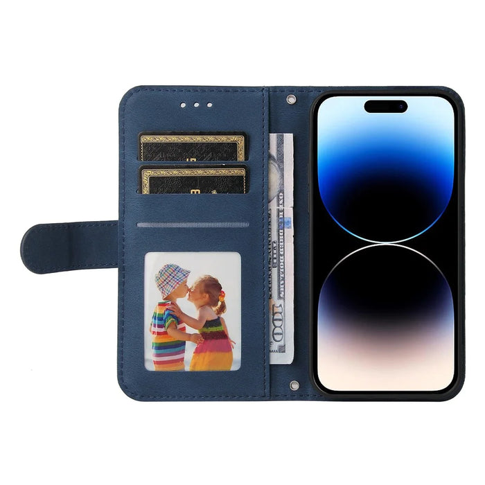 For iPhone 15 Pro Leather Wallet Cases Skin Touch Phone Cover Stand with Strap - Blue - 2