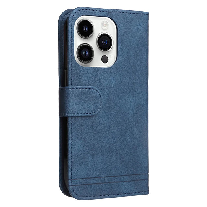 For iPhone 15 Pro Leather Wallet Cases Skin Touch Phone Cover Stand with Strap - Blue - 7