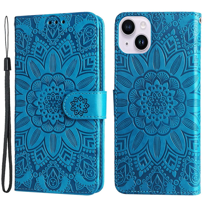For iPhone 15 Plus Shockproof Sunflower Imprinted Stand PU Leather Cover Wallet Case - Blue - 1