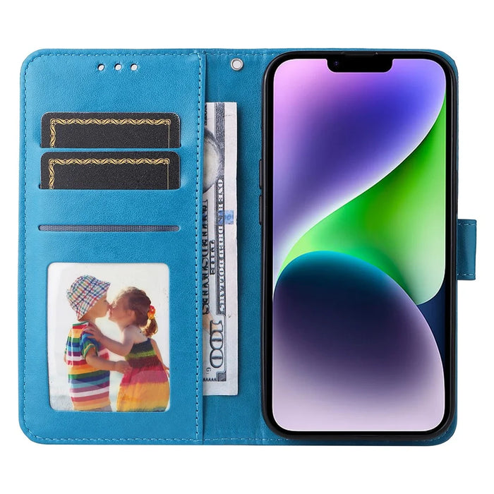 For iPhone 15 Plus Shockproof Sunflower Imprinted Stand PU Leather Cover Wallet Case - Blue - 2