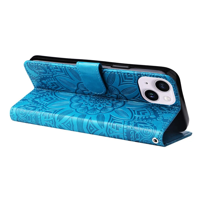 For iPhone 15 Plus Shockproof Sunflower Imprinted Stand PU Leather Cover Wallet Case - Blue - 4